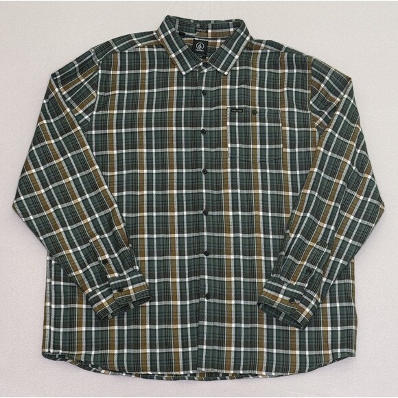 Volcom Flannel Button Up Shirt Mens Size XXL Classic Fit Long Sleeve Green Plaid - Picture 1 of 7